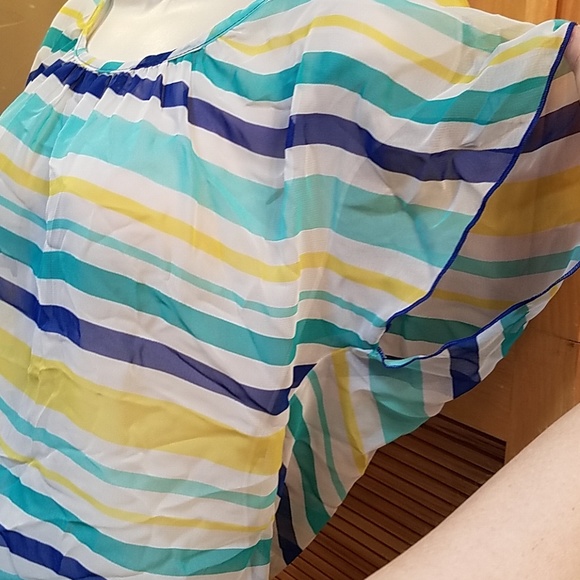 A'gaci | white, blue & teal green striped semi sheer top Large Nwt - Picture 3 of 7